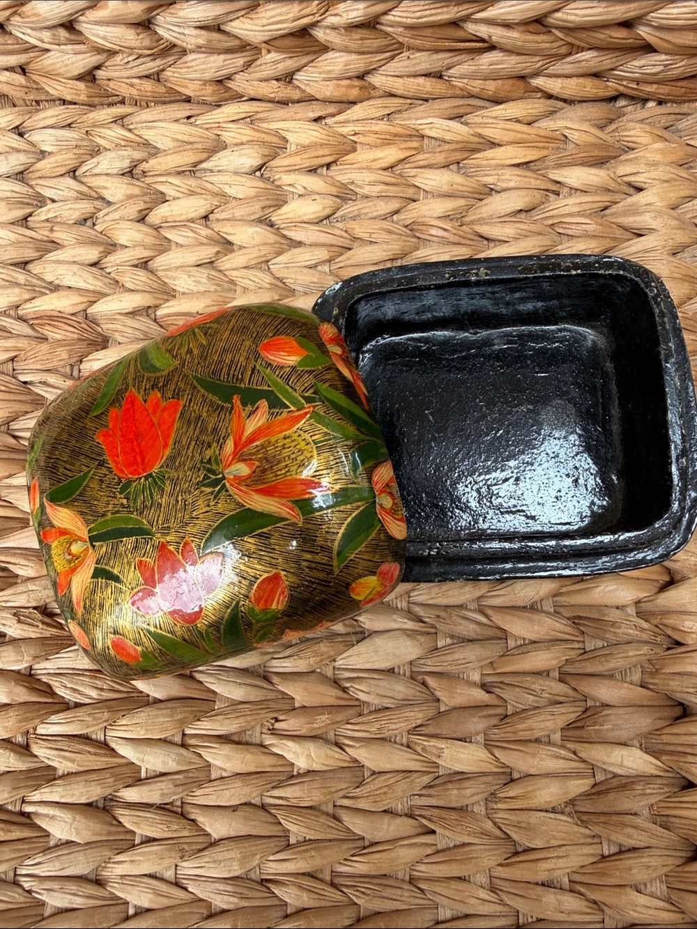 Vintage 70’s Hand Painted Kashmir India Papier Mâché Orange Floral Trinket Box